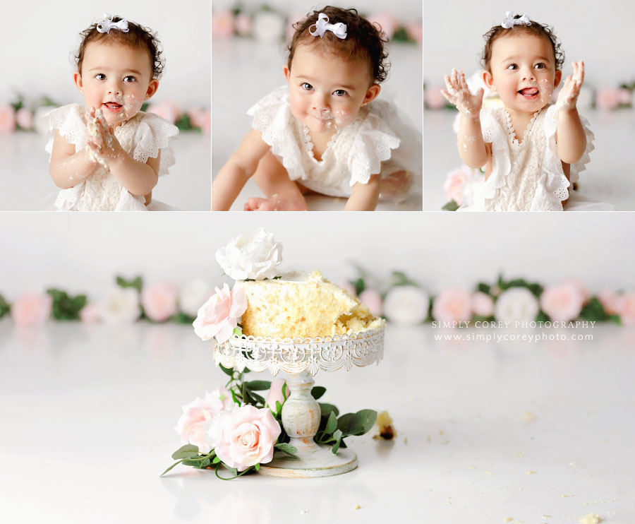 baby photographer near Fayetteville, GA; cake smash session with white set and pink flowers