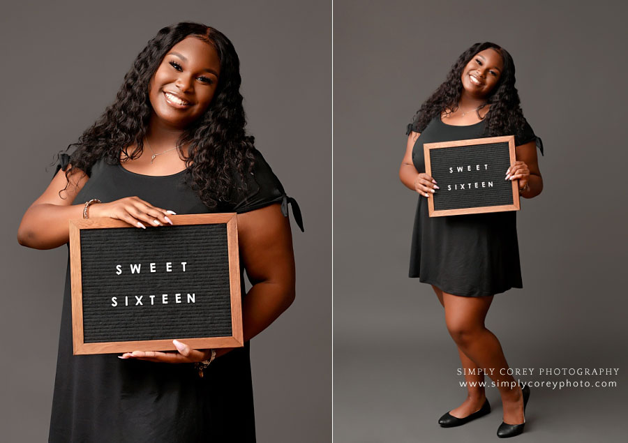 Villa Rica photographer, teen studio session with letterboard for sweet sixteen birthday
