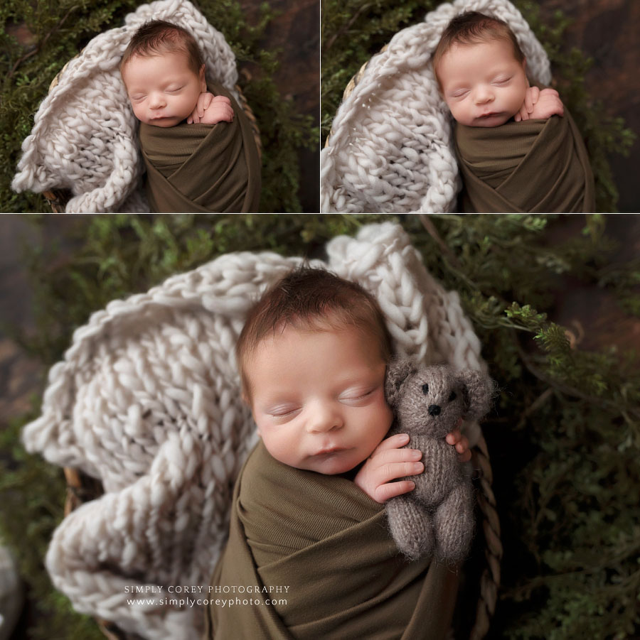 Carrollton newborn photographer in Georgia, baby boy in green with little bear