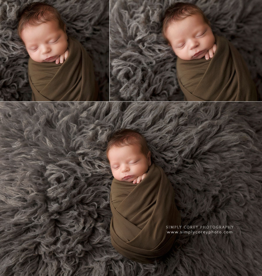 Fairburn newborn photographer, baby boy in green swaddle on flokati