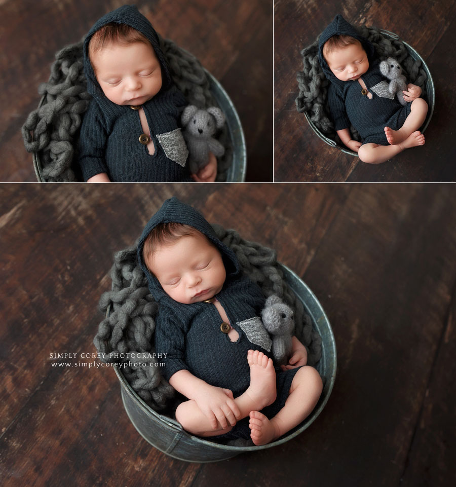 Hiram newborn photographer, baby boy in bucket with teddy bear
