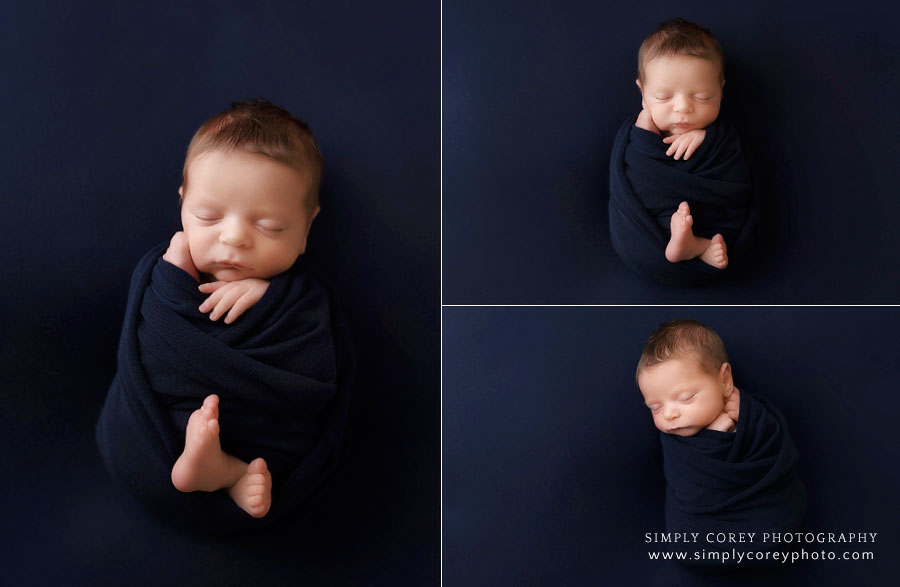 newborn photographer near Newnan, baby boy studio session with navy blue set