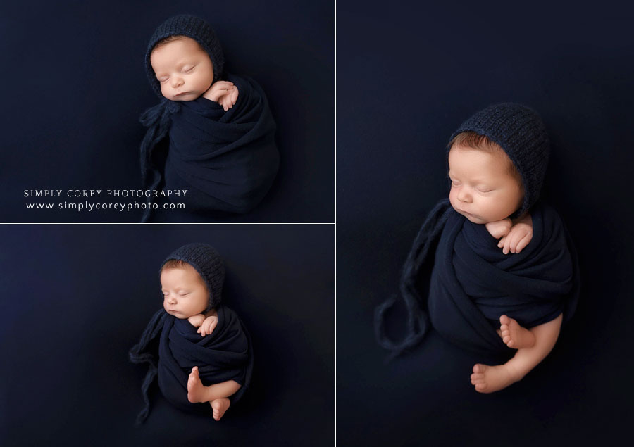 newborn photographer near Peachtree City, baby boy in navy blue studio set