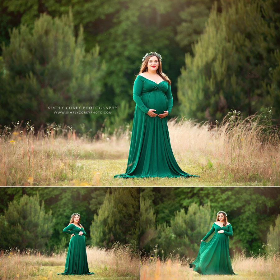 Douglasville maternity photographer, outdoor portrait session in green dress