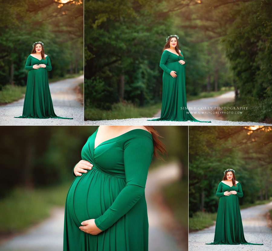 Hiram maternity photographer, mom outside on country road in green dress