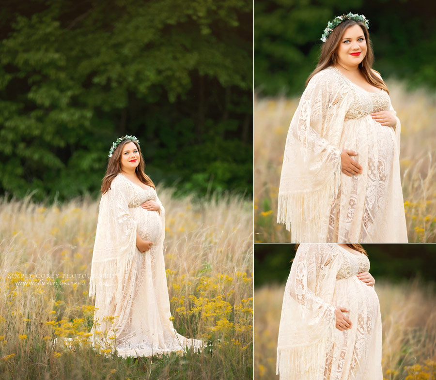 Lithia Springs maternity photographer, outdoor portraits in a lace boho maternity dress