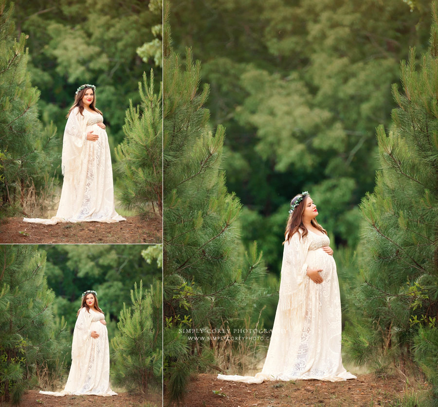 maternity photographer near Dallas, GA; mom in lace boho dress outside with pine trees