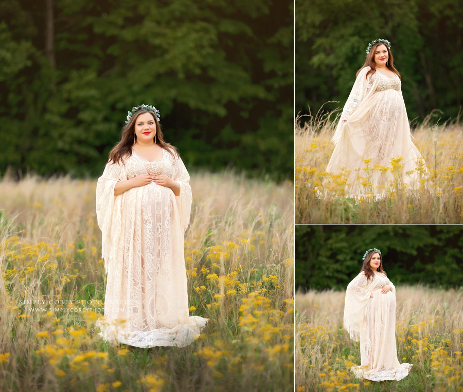 maternity photographer near Douglasville, outdoor maternity session in lace boho dress