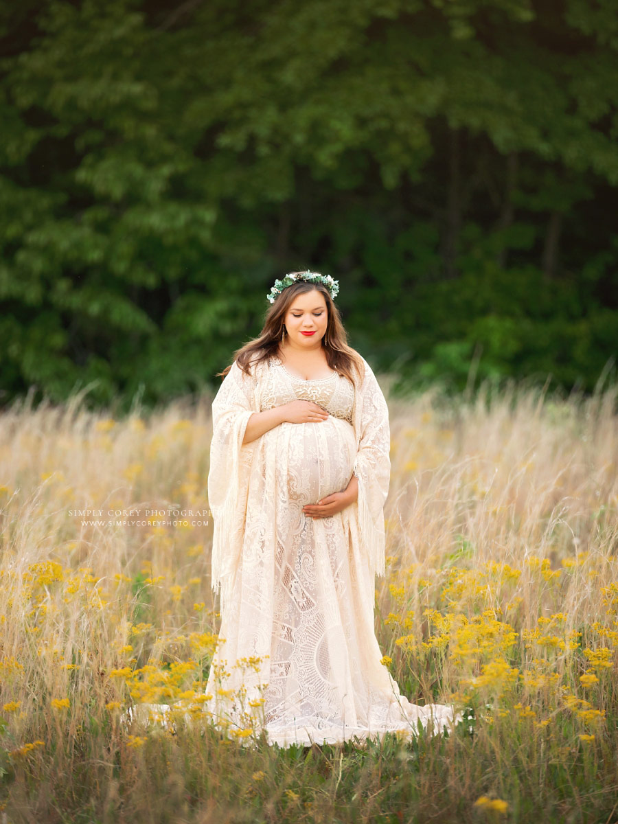 maternity photographer near Peachtree City, outdoor session in lace boho maternity dress