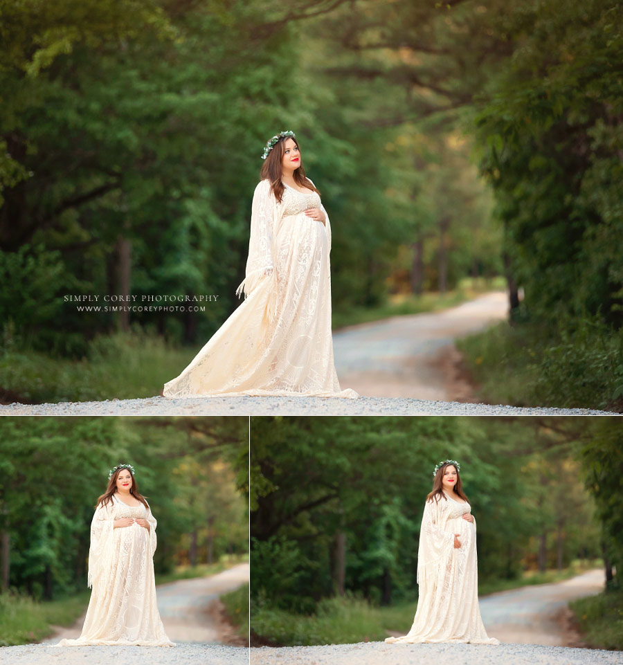 Villa Rica maternity photographer, mom in lace boho dress outside on country road