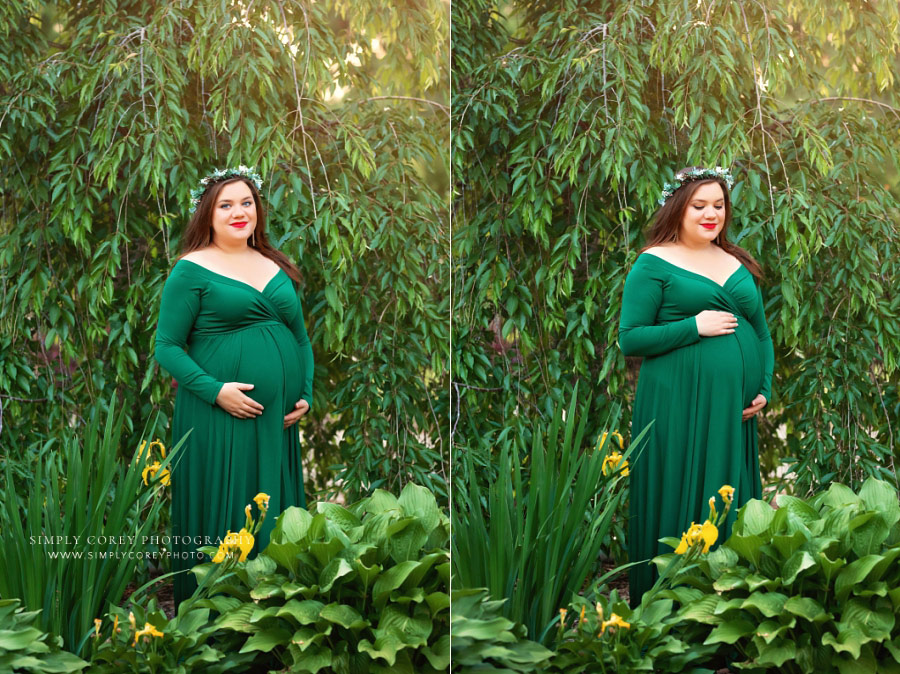 West Georgia maternity photographer, mom in green dress outside in garden