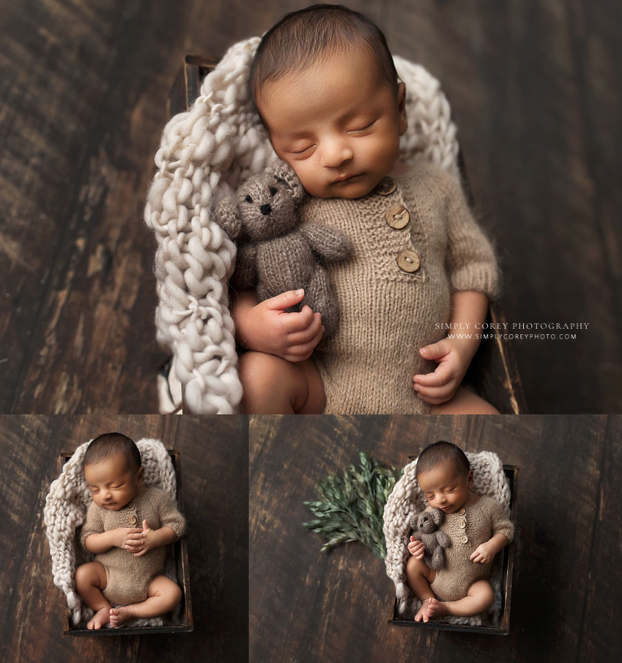 Carrollton newborn photographer in Georgia, baby boy in brown knit with teddy bear