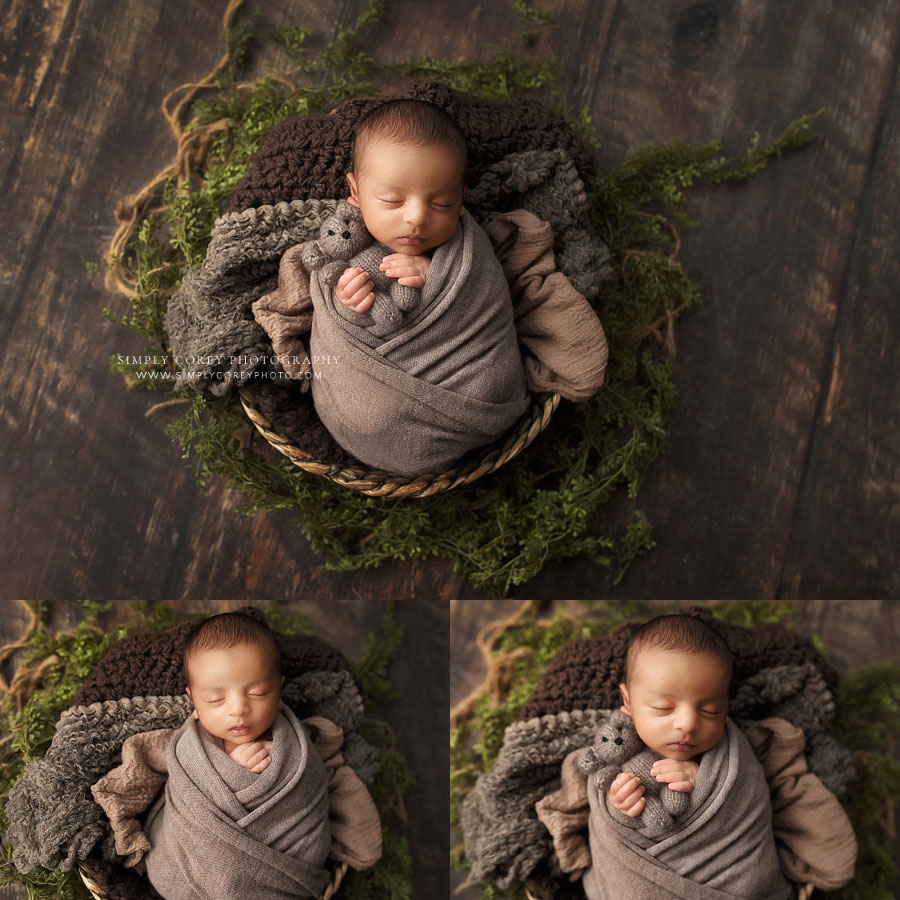 Newnan newborn photographer, baby boy with brown and green and teddy bear