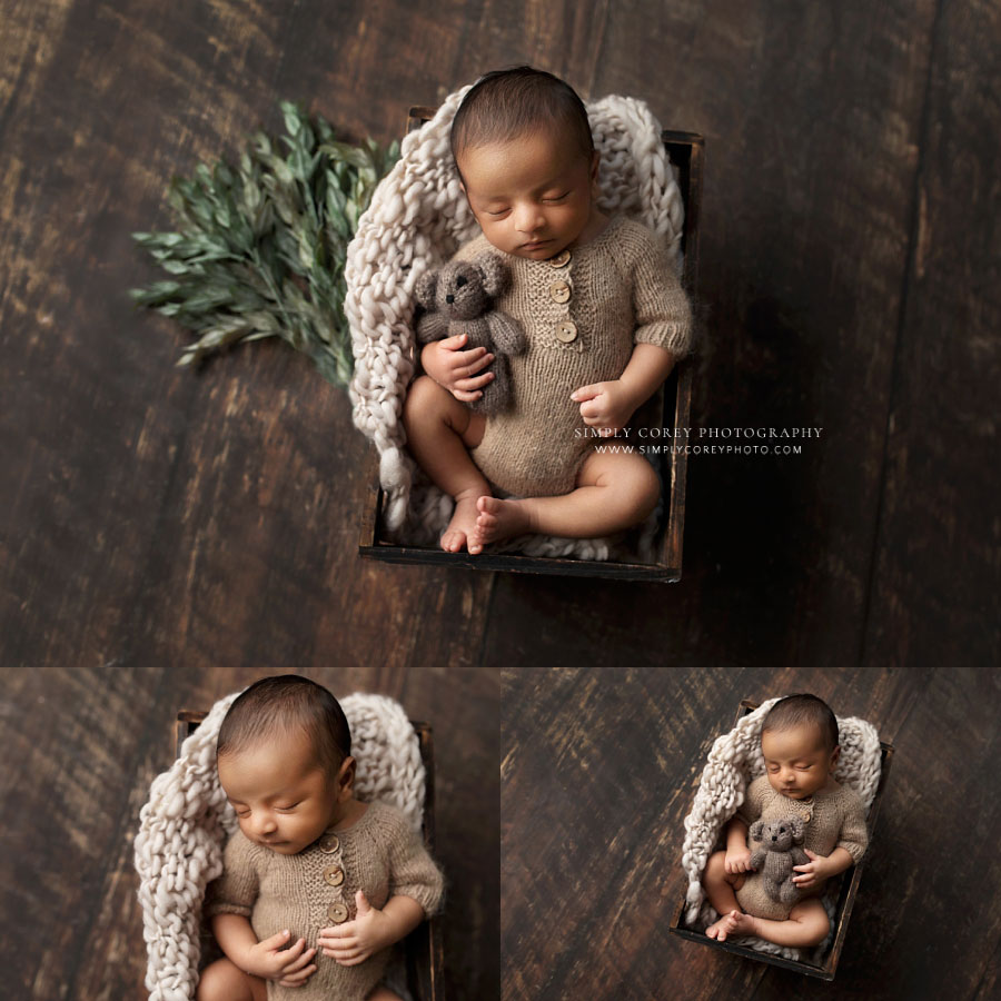Villa Rica newborn photographer, baby boy in brown with teddy bear
