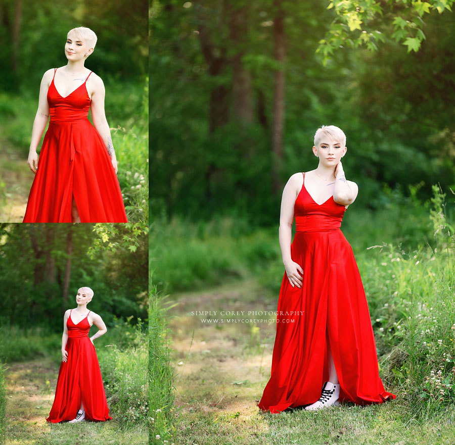 Bremen senior portrait photographer, teen girl in red formal dress outside