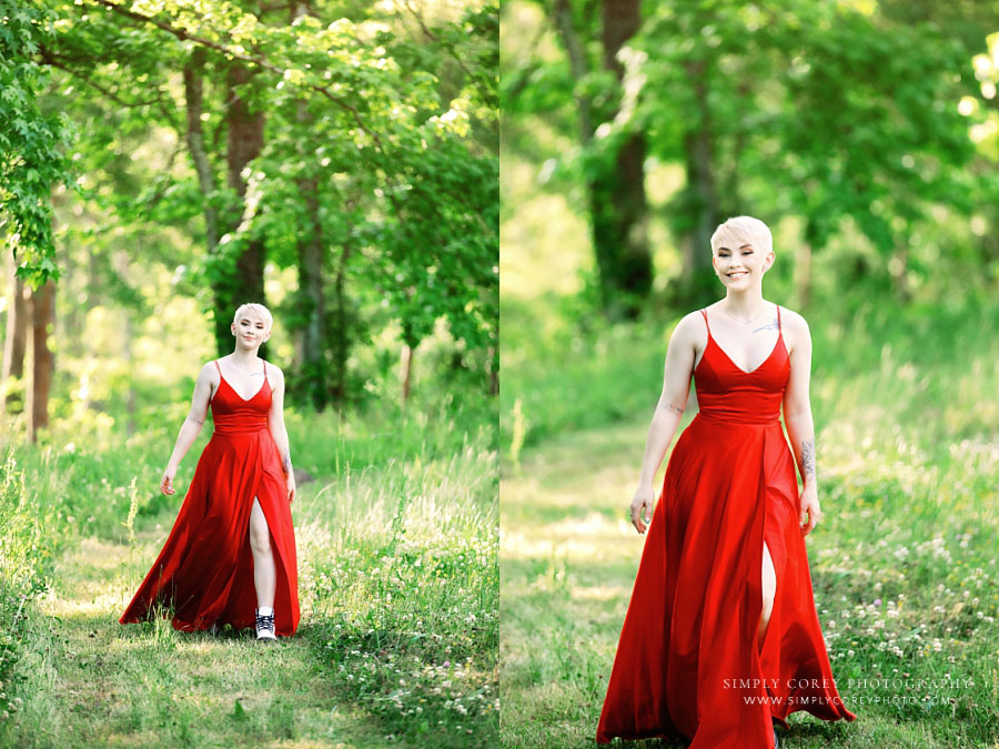 Carrollton senior portrait photographer in Georgia, teen in red formal dress outside