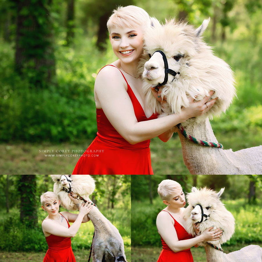 Douglasville senior portraits, teen in red dress outside with alpaca