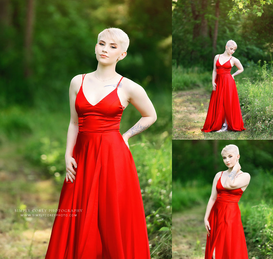 senior portrait photographer near Douglasville, teen girl in red formal dress outside