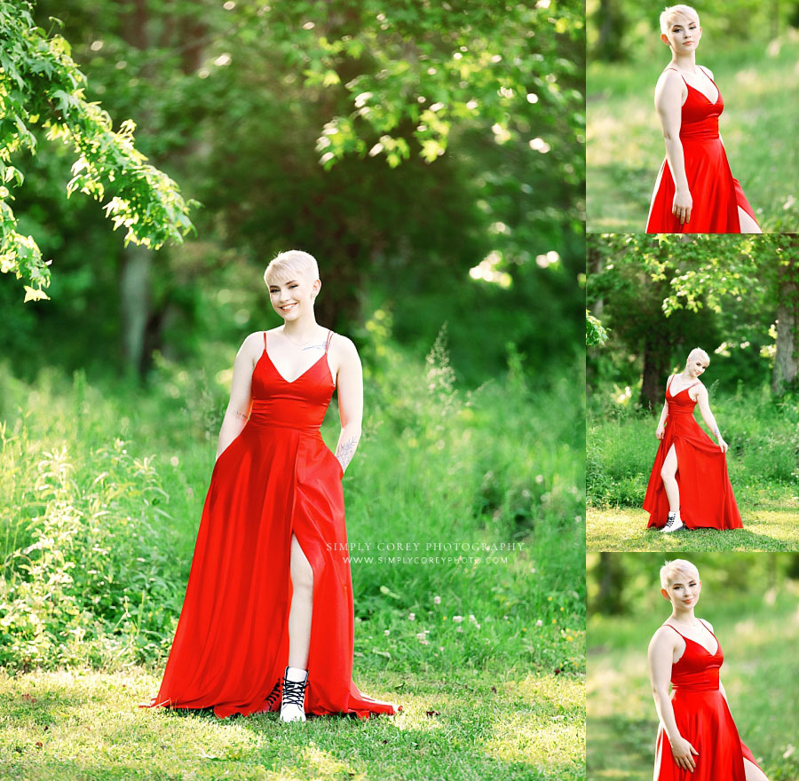 senior portraits near Dallas, Georgia; teen with pixie cut in red formal dress outside