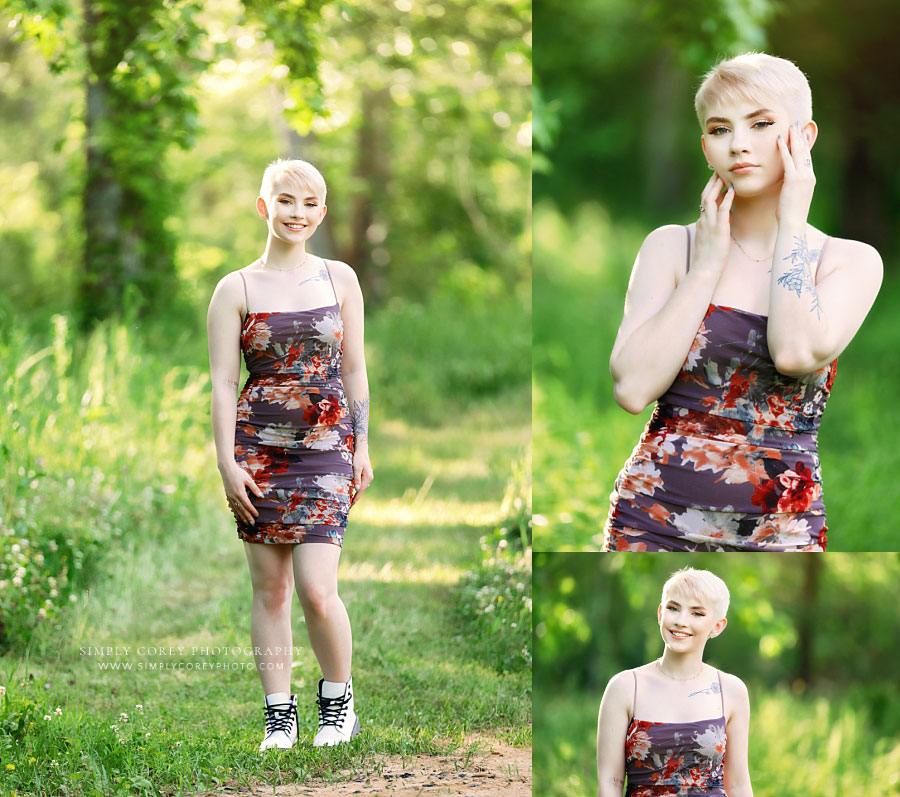 Villa Rica senior portrait photographer, teen with pixie cut in floral dress outside