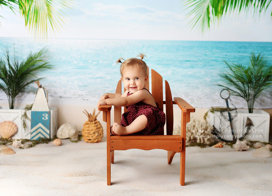 baby photographer near Newnan, one year beach milestone session with adirondack chair
