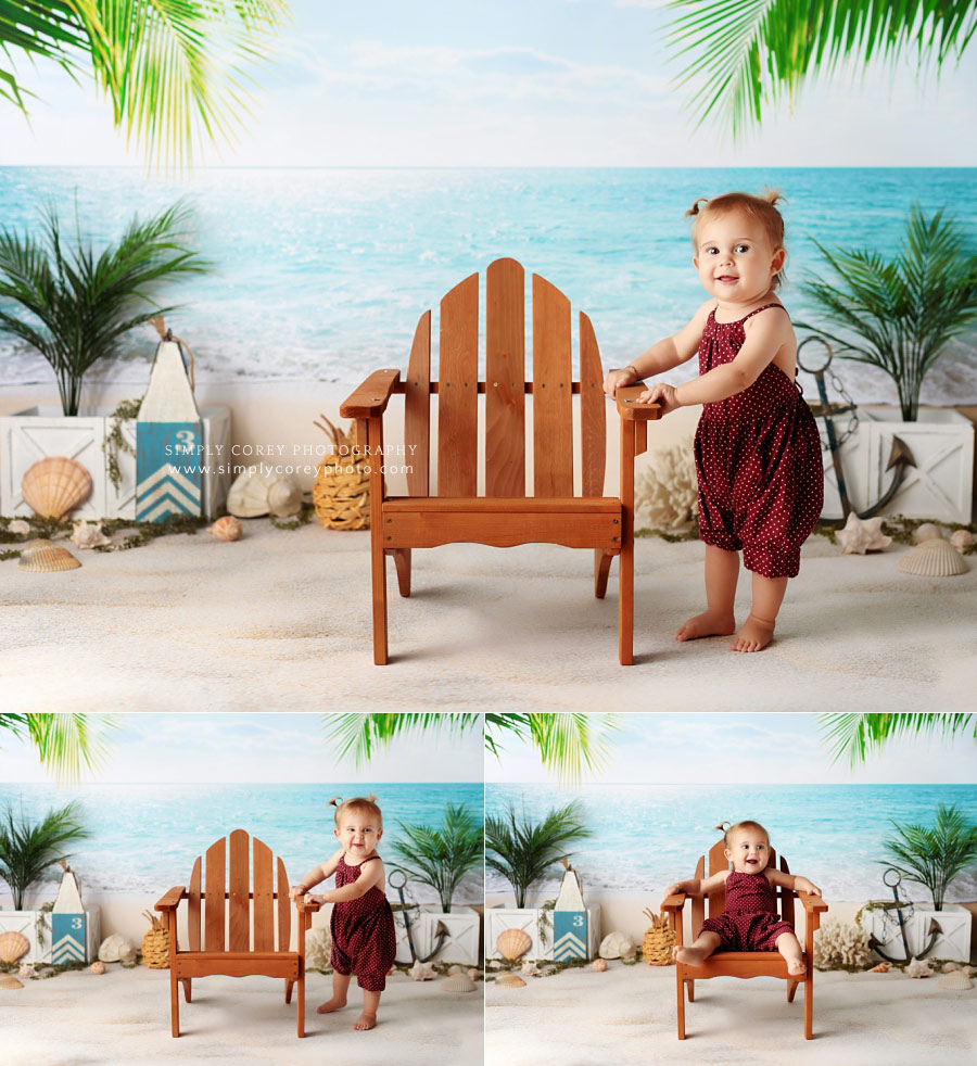 baby photographer near Villa Rica, beach studio milestone session with adirondack chair