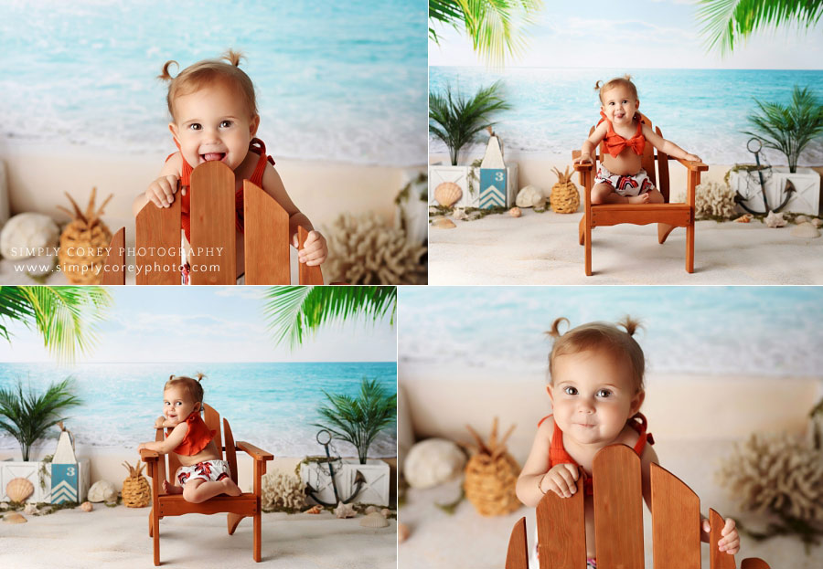 Carrollton baby photographer in Georgia, beach milestone session with adirondack chair