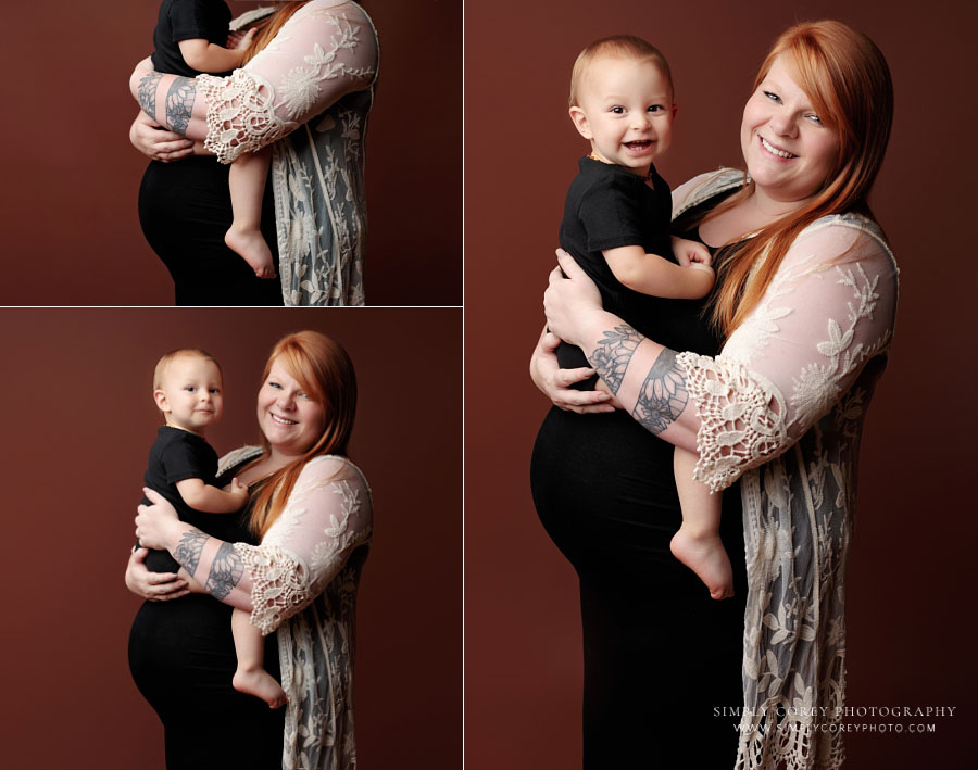 Atlanta maternity photographer, studio portraits of mom and toddler on chestnut backdrop 