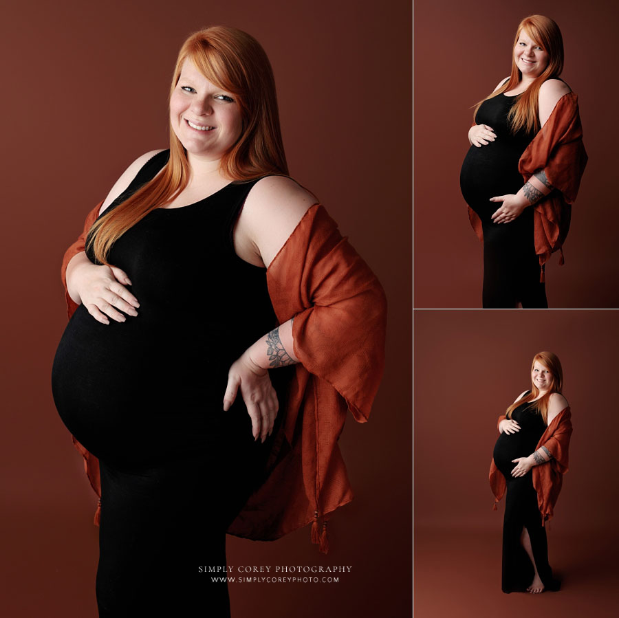 maternity photographer near Atlanta, studio pregnancy portraits in black dress and kimono