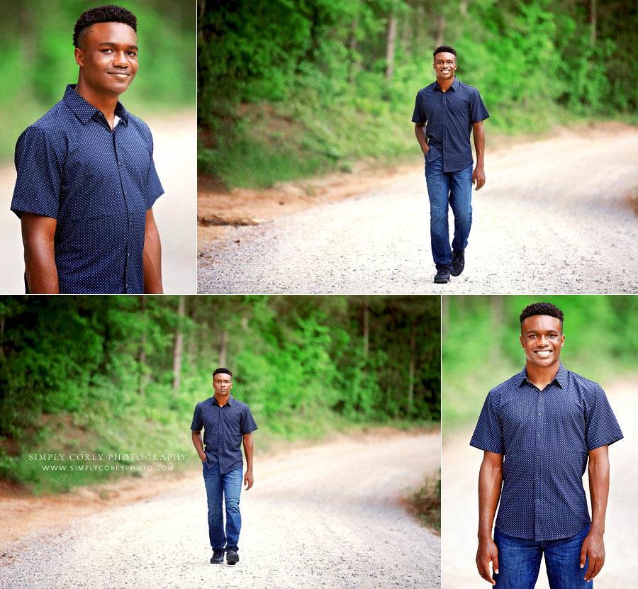 Douglasville senior portrait photographer, teen boy walking on dirt road