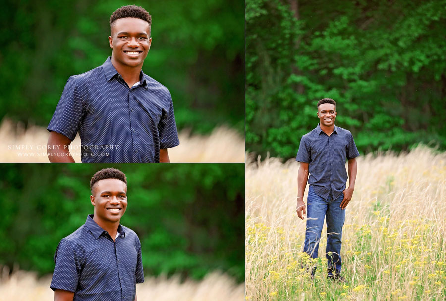 senior portrait photographer near Douglasville, teen boy in field of tall grass