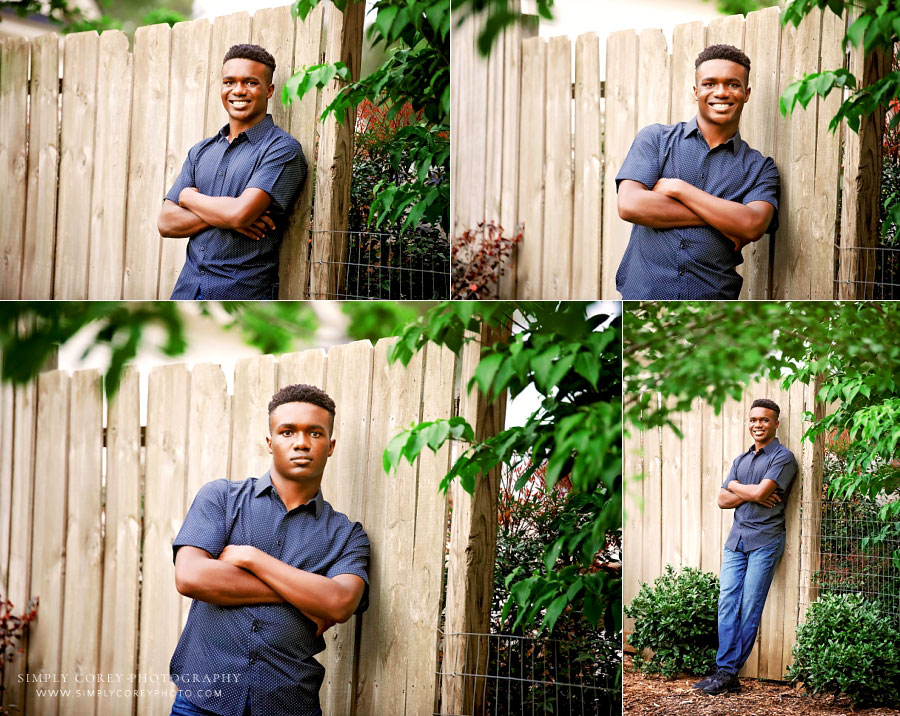 Villa Rica senior portrait photographer, summer session with teen boy outside by a fence