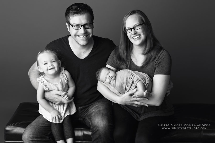 Atlanta newborn photographer, studio portrait of family with toddler and new baby