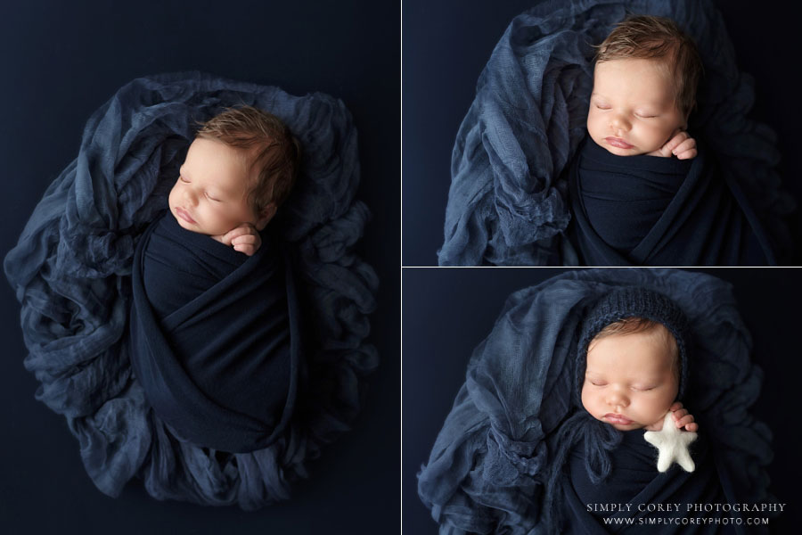 newborn photographer near Fairburn, baby boy in navy blue studio set with star