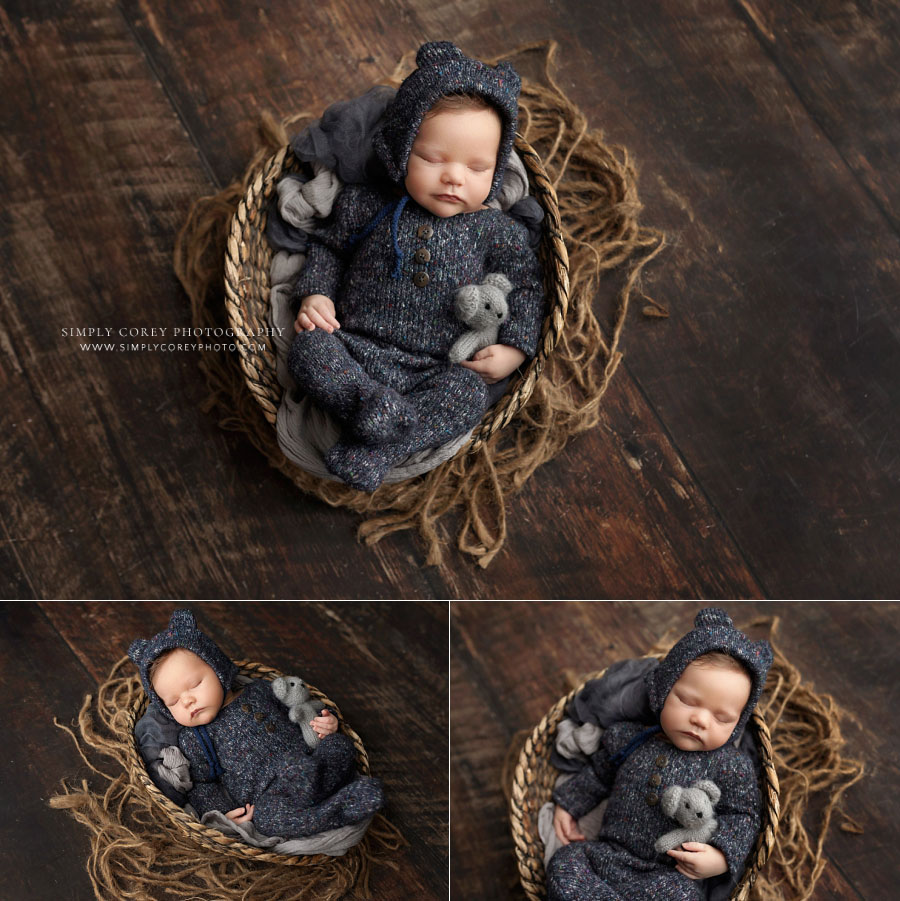 Newnan newborn photographer, baby boy in navy blue bear outfit and basket
