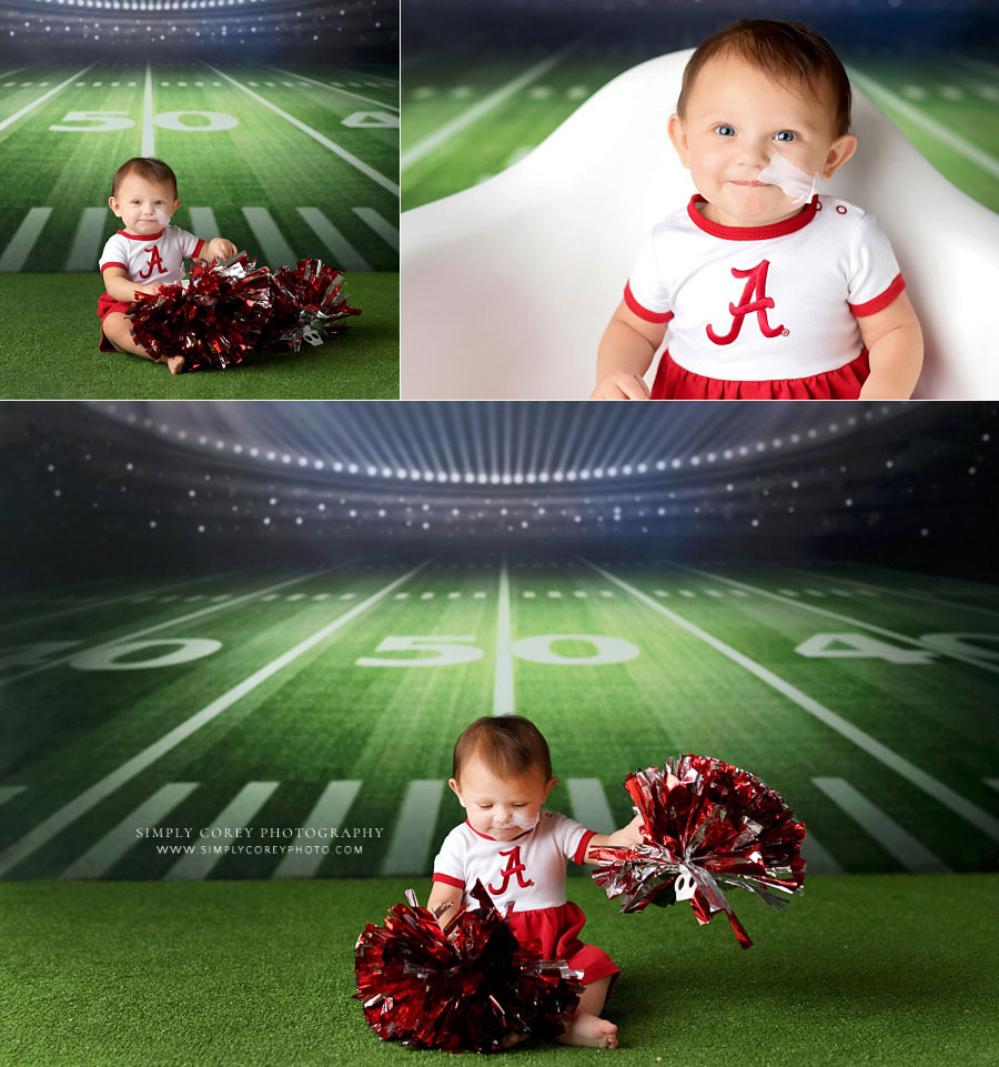 baby photographer near Dallas, GA; football cheerleader sitter session