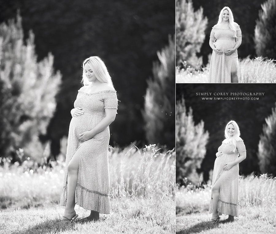 maternity photographer near Carrollton, Georgia; black and white outdoor pregnancy portraits