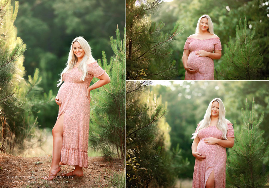 Villa Rica maternity photographer, expecting mom outside in pink sundress