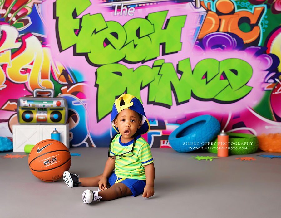 Carrollton baby photographer in Georga, boy with basketball on fresh prince set