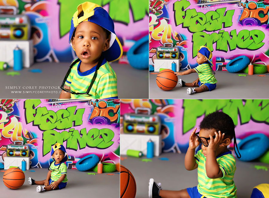 Fairburn baby photographer, boy with hat and glasses for fresh prince themed studio set