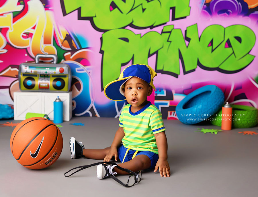 Newnan baby photographer, boy with basketball for fresh prince milestone session