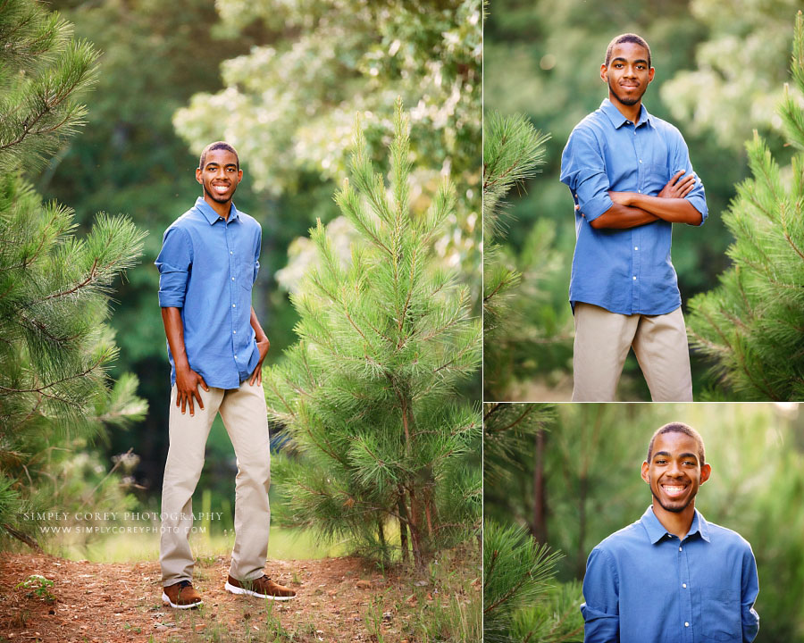 senior portrait photographer near Carrollton, GA; teen boy outside near pine trees