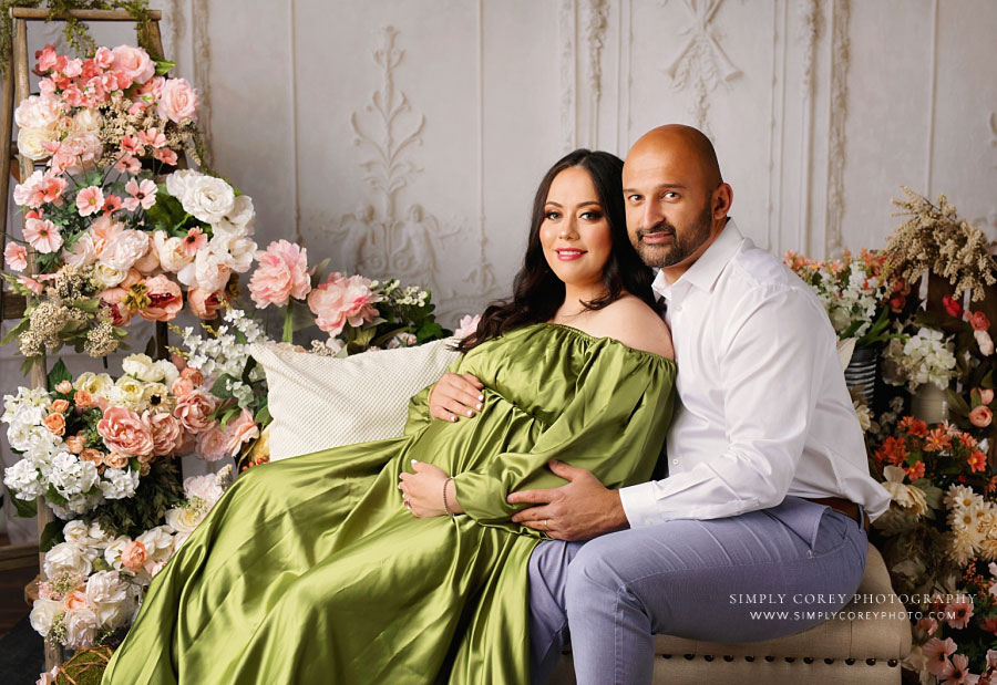 Douglasville maternity photographer, pregnant couple studio session with flowers