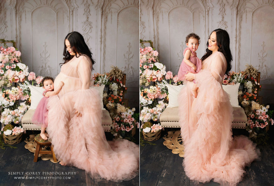Lithia Springs maternity photographer, studio session with mom in pink tulle and toddler