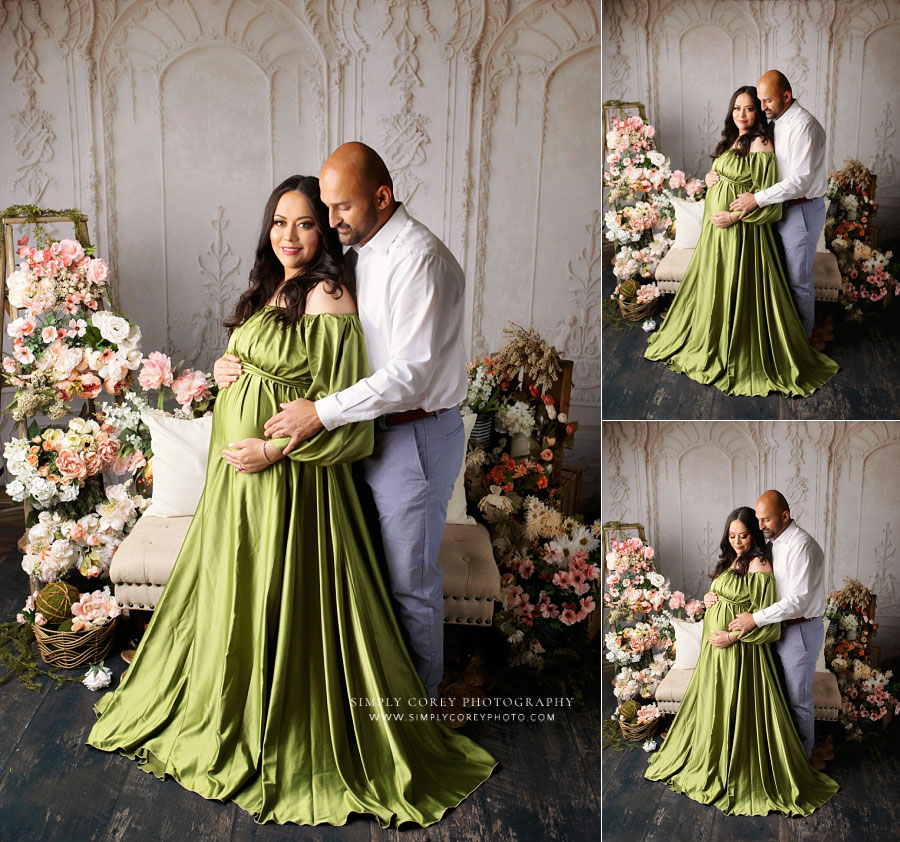 Mableton maternity photographer, couple portraits in studio with green dress