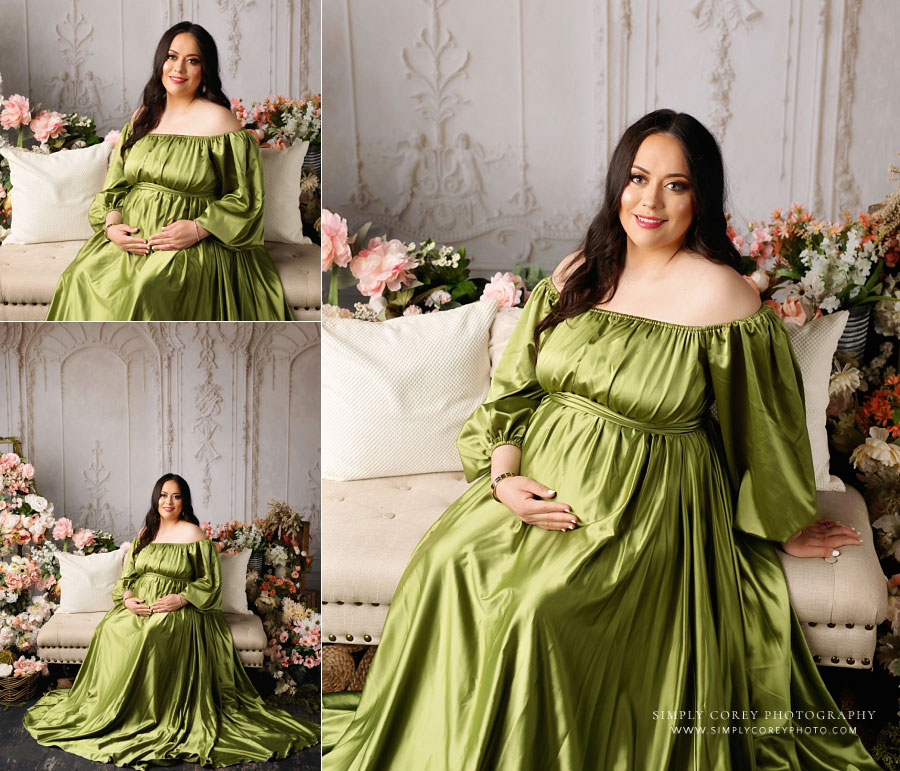 maternity photographer near Dallas, GA; studio session with mom in green dress
