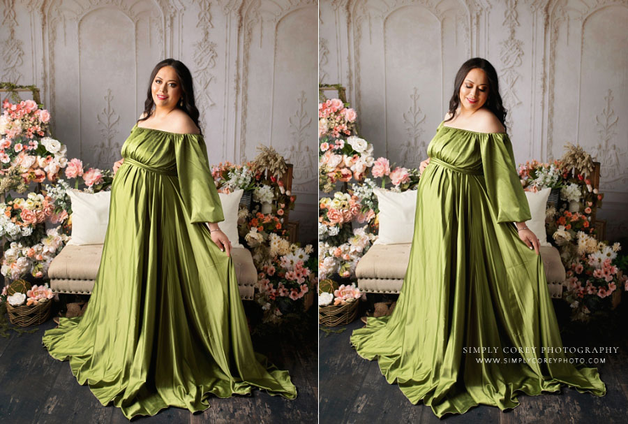 maternity photographer near Douglasville, pregnancy studio portraits in long green dress