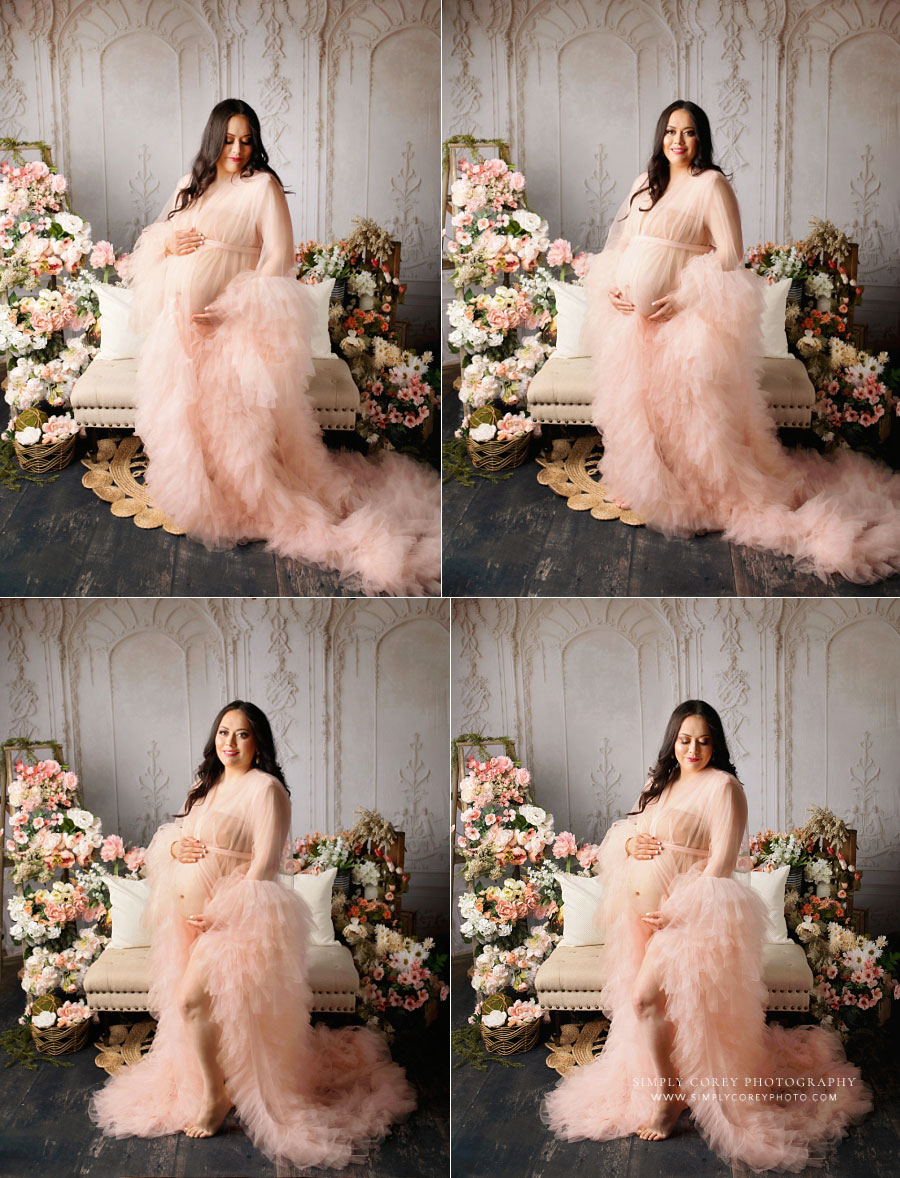 maternity photographer near Fairburn, studio portraits with pink tulle robe and flowers