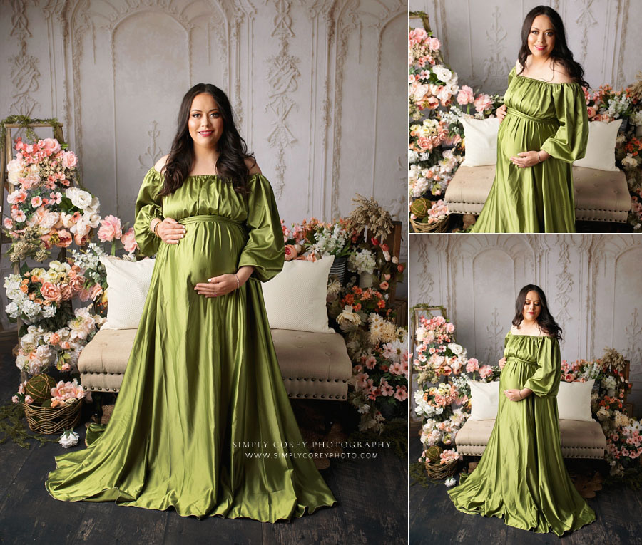 maternity photographer near Hiram, studio pregnancy portraits in green dress