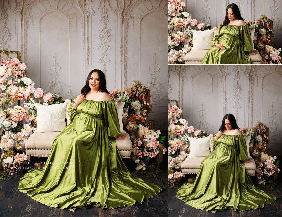maternity photographer near Peachtree City, pregnancy portraits in studio with green dress and flowers